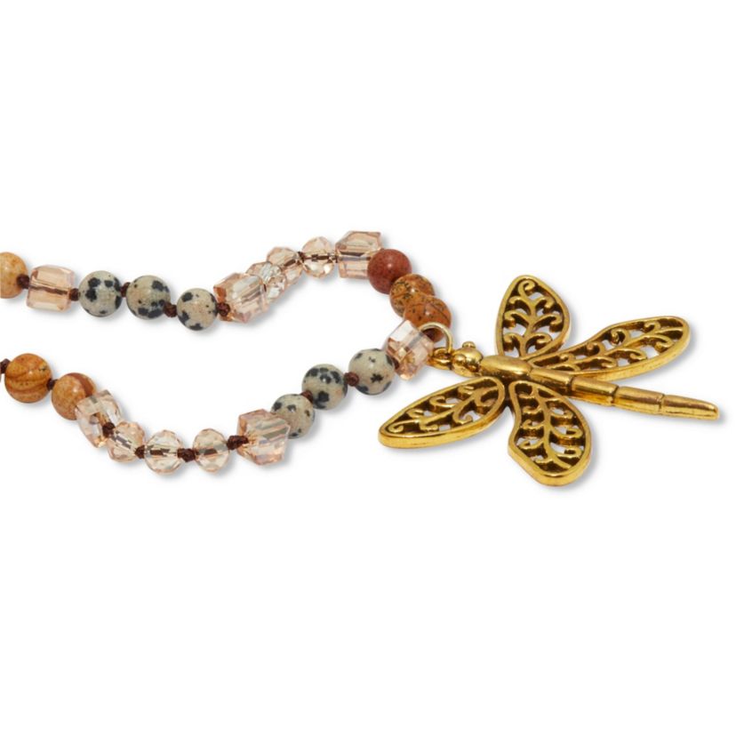 Round Genuine Jasper Goldtone Dragonfly Pendant Necklace 34-inch