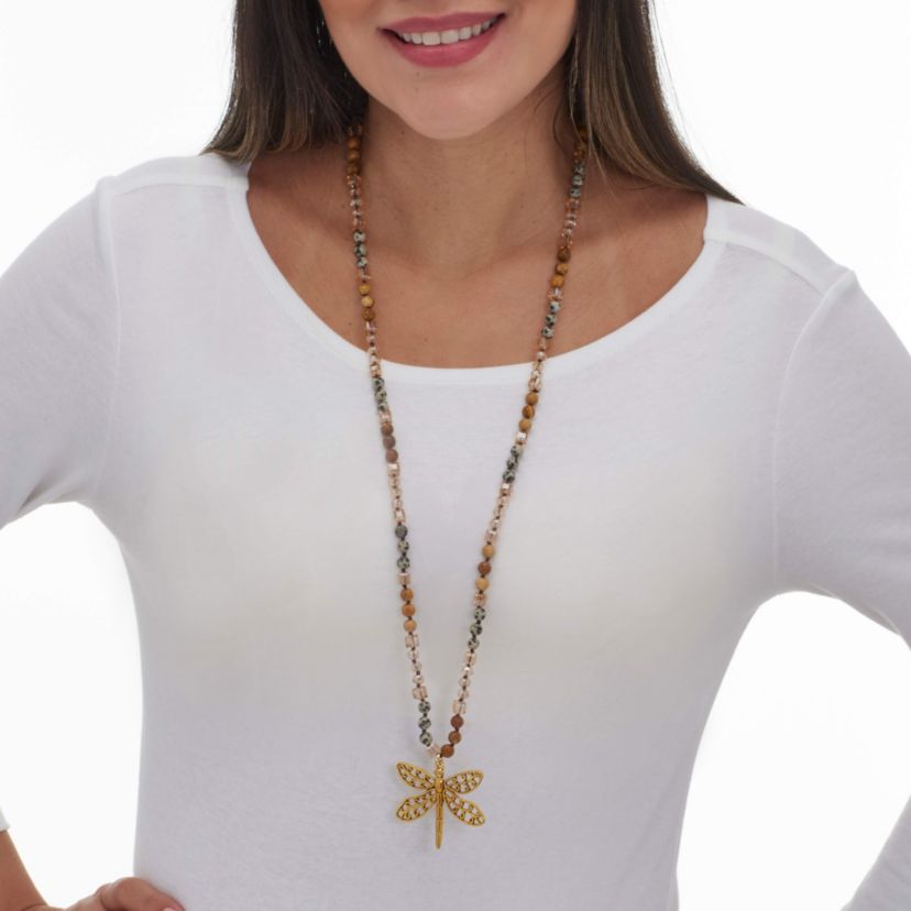 Round Genuine Jasper Goldtone Dragonfly Pendant Necklace 34-inch