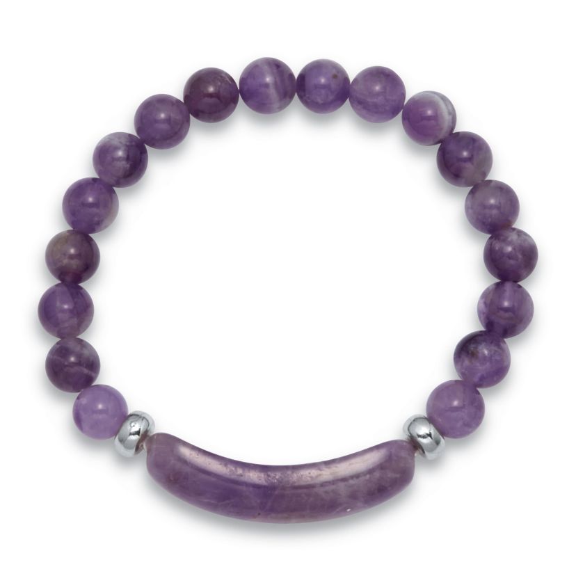 47.5 TCW Genuine Amethyst Silvertone Beaded Bracelet 7-inch Length