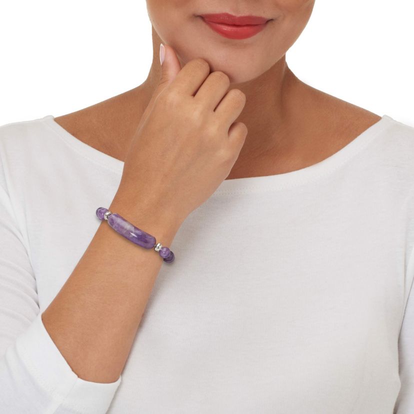 47.5 TCW Genuine Amethyst Silvertone Beaded Bracelet 7-inch Length