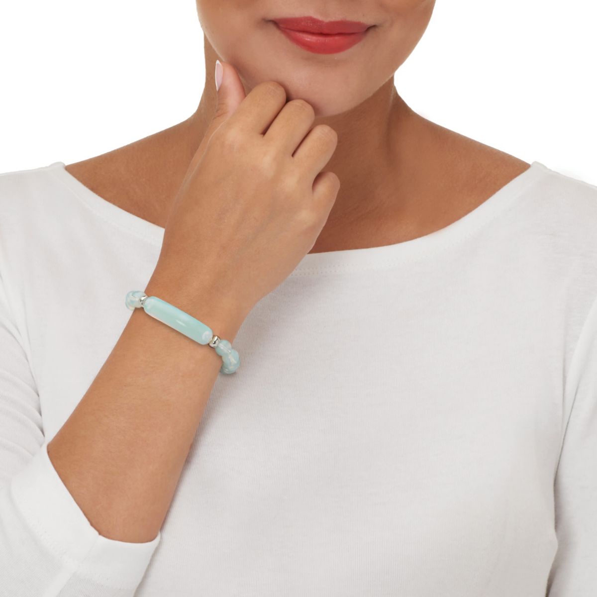 48.45 TCW Genuine Blue Opal Silvertone Beaded Bracelet 7-inch length