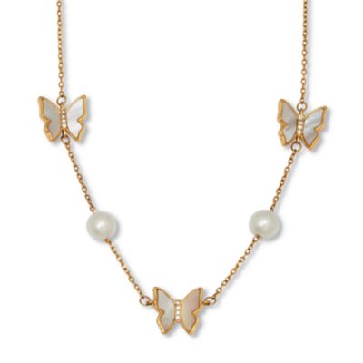 Seta Jewelry Genuine Mother of Pearl Gold Ion-Plated Stainless Steel Butterfly Necklace 18"
