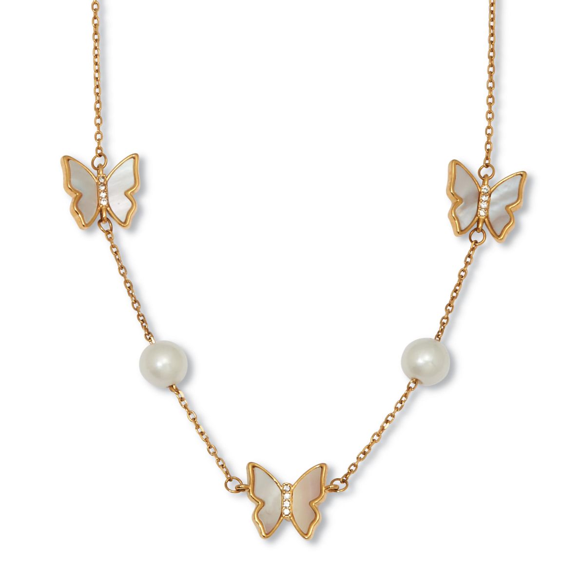 Mother of Pearl Gold Ion-Plated Stainless Steel Butterfly Necklace 18-inch