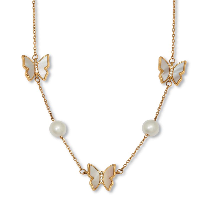 Mother of Pearl Gold Ion-Plated Stainless Steel Butterfly Necklace 18-inch