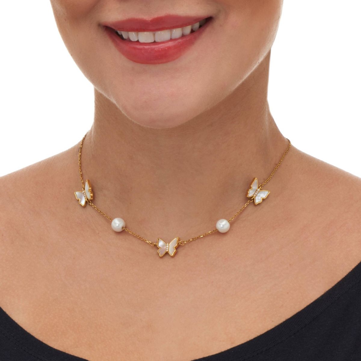 Mother of Pearl Gold Ion-Plated Stainless Steel Butterfly Necklace 18-inch
