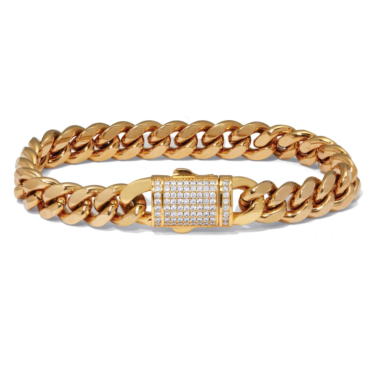 Mens Round Crystal Gold Ion-Plated Stainless Steel Link Bracelet 8.5-inch