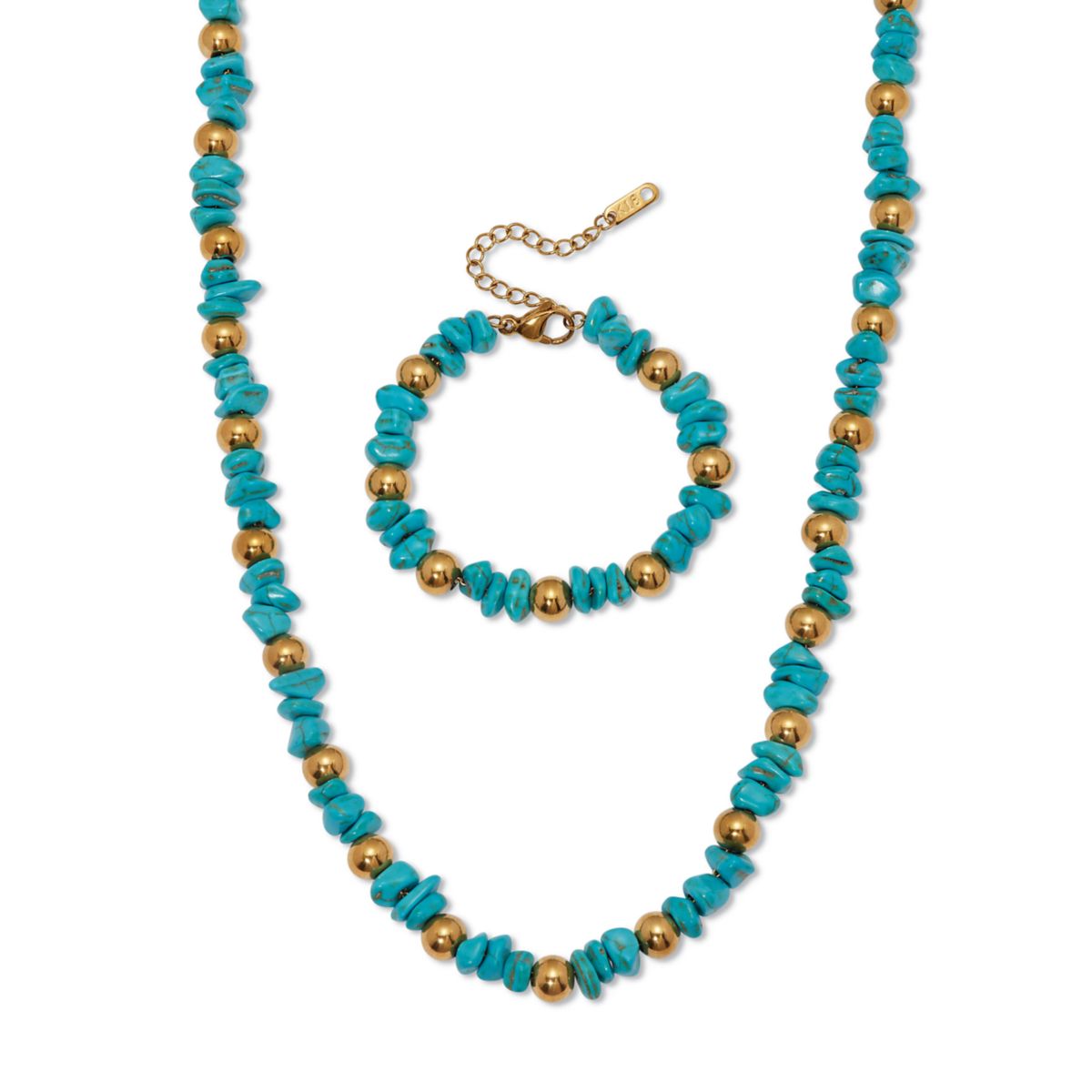Genuine Turquoise Beaded Gold Ion-Plated Stainless Steel Necklace Set