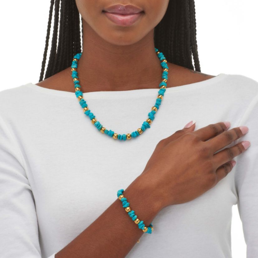 Genuine Turquoise Beaded Gold Ion-Plated Stainless Steel Necklace Set