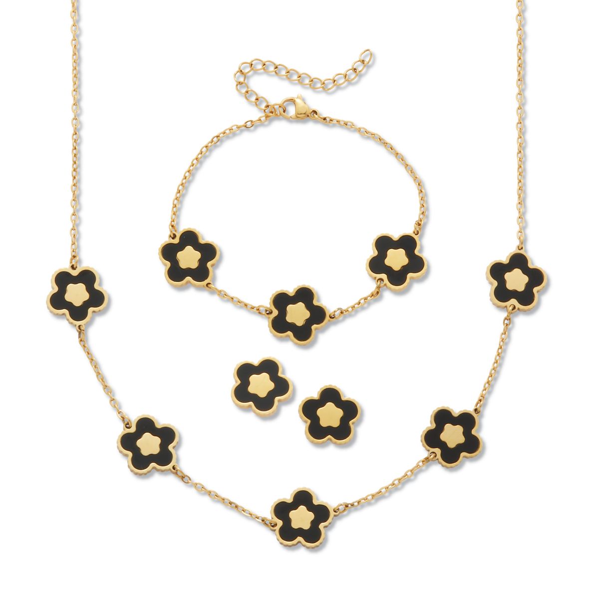 Genuine Black Onyx Yellow Gold Ion-Plated Stainless Steel Flower Jewelry Set