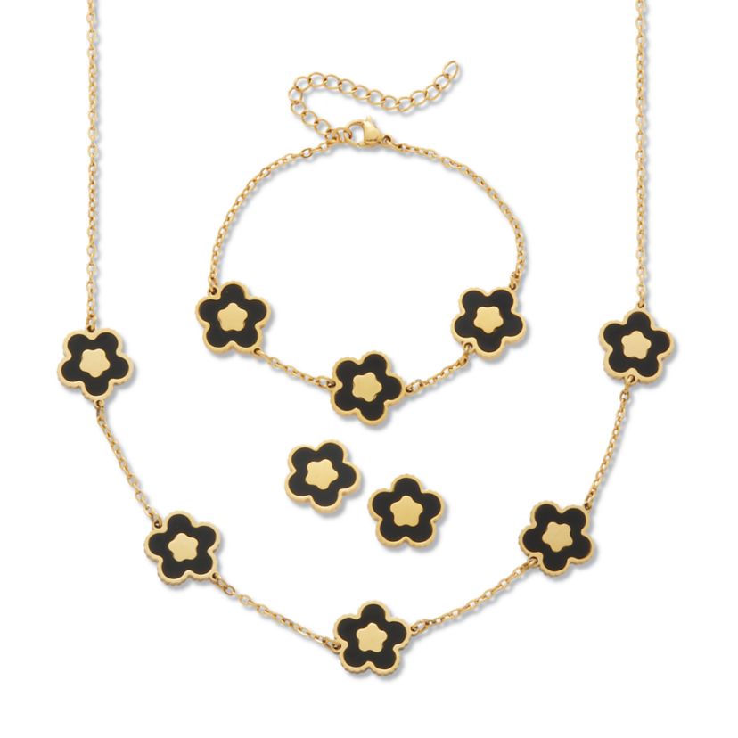 Genuine Black Onyx Yellow Gold Ion-Plated Stainless Steel Flower Jewelry Set
