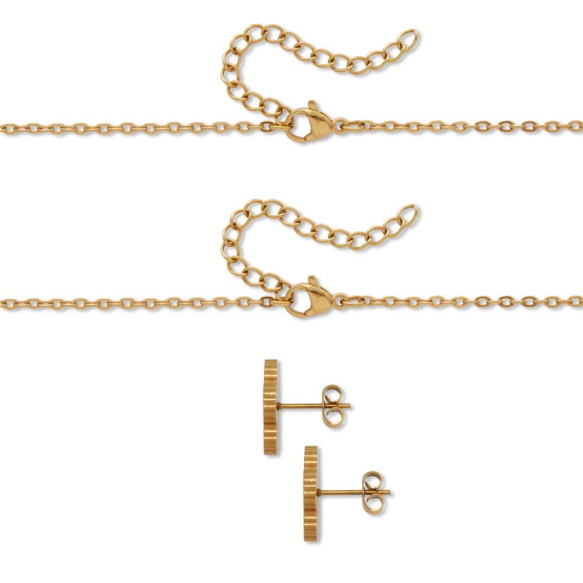 Genuine Black Onyx Yellow Gold Ion-Plated Stainless Steel Flower Jewelry Set