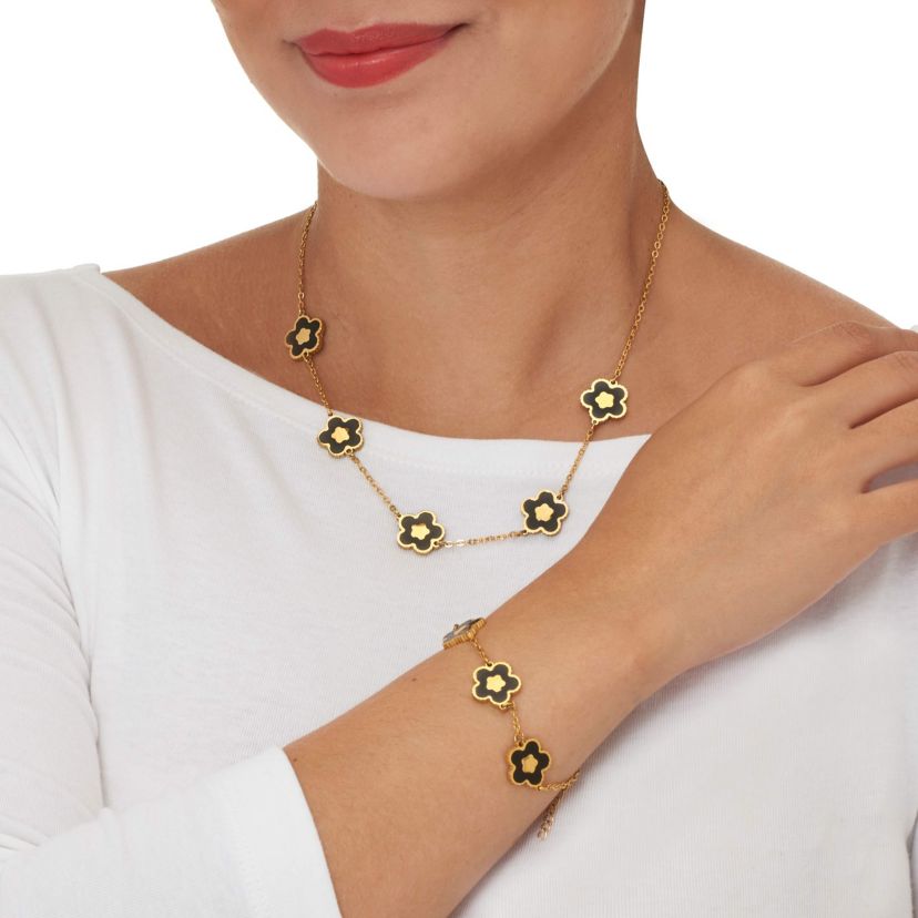 Genuine Black Onyx Yellow Gold Ion-Plated Stainless Steel Flower Jewelry Set
