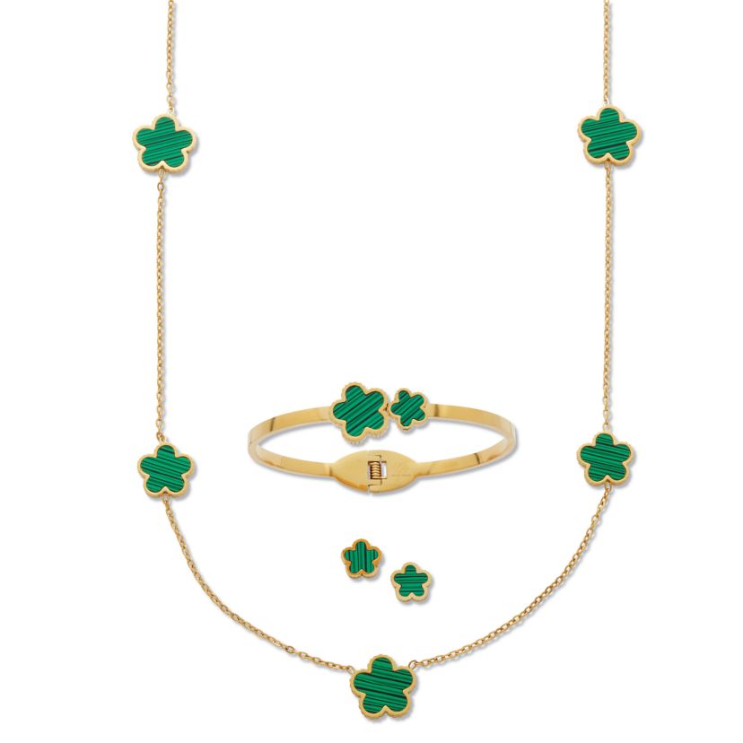 Genuine Green Malachite Gold Ion-Plated Stainless Steel Clover Jewelry Set
