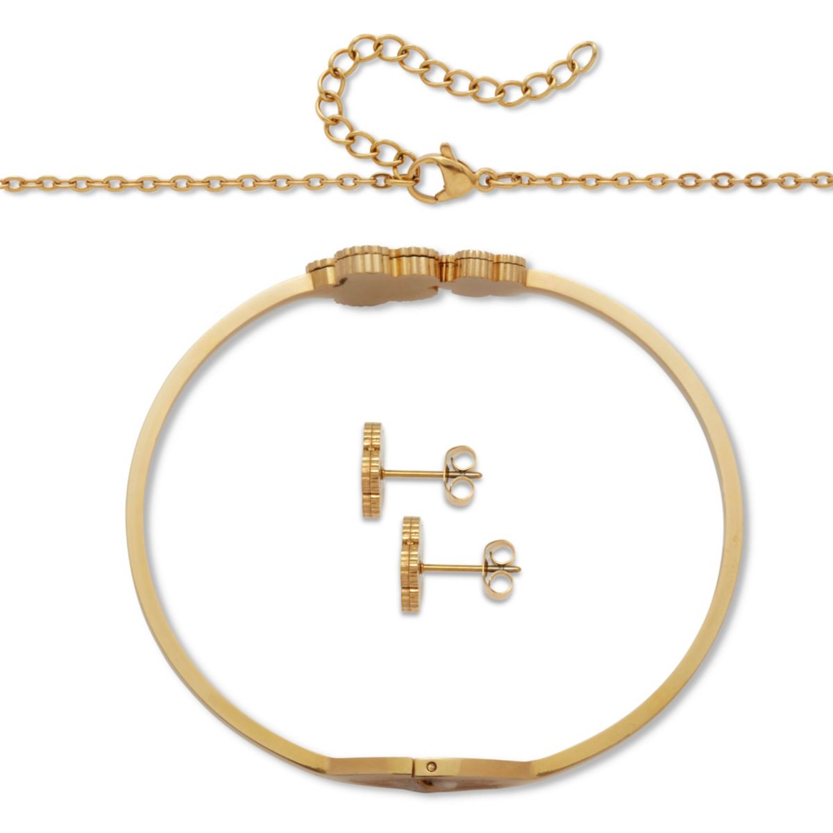 Genuine Green Malachite Gold Ion-Plated Stainless Steel Clover Jewelry Set