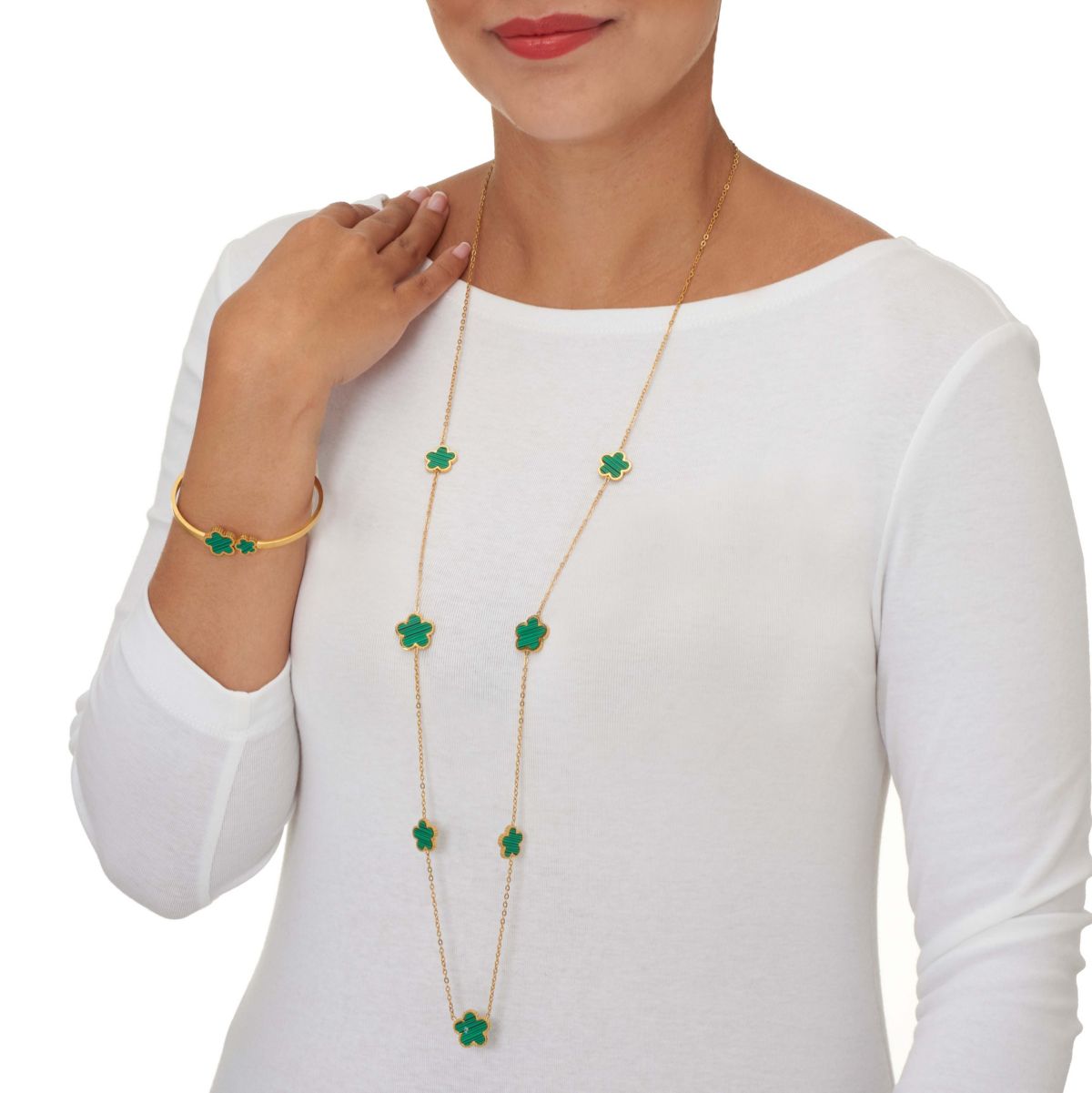 Genuine Green Malachite Gold Ion-Plated Stainless Steel Clover Jewelry Set