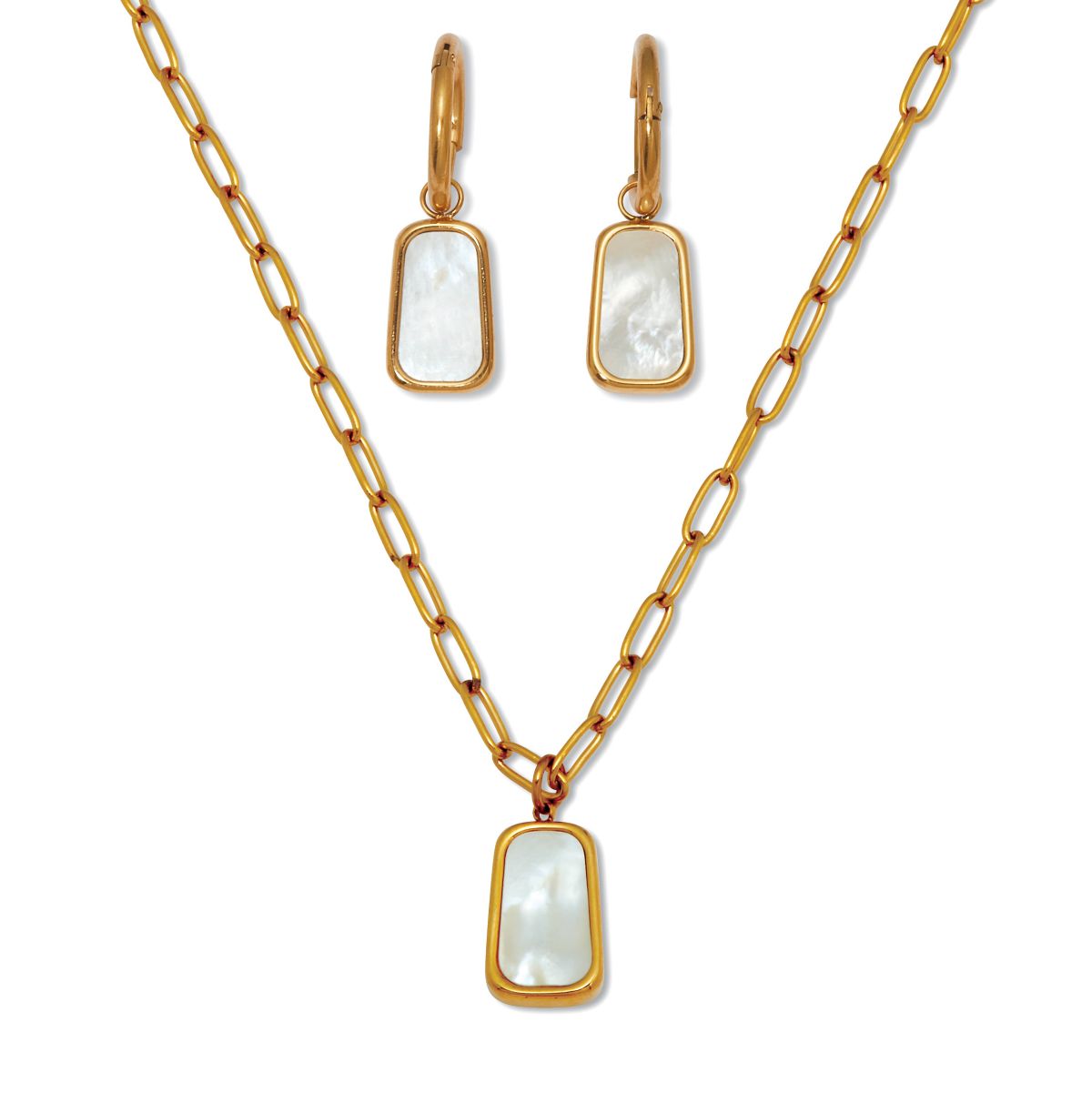 Genuine Mother of Pearl Yellow Gold Ion-Plated Stainless Steel Drop Jewelry Set