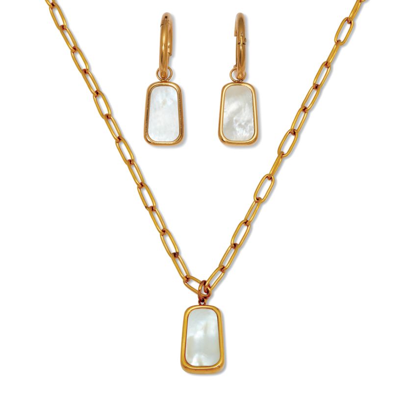 Genuine Mother of Pearl Yellow Gold Ion-Plated Stainless Steel Drop Jewelry Set