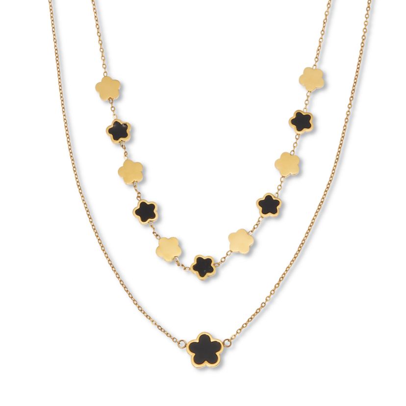 Genuine Black Onyx Gold Ion-Plated Stainless Steel Clover Necklace 17 to 19 inches
