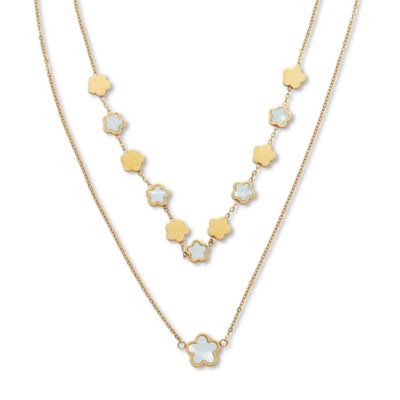 Seta Jewelry Genuine Mother of Pearl Yellow Gold Ion-Plated Stainless Steel Double Strand Clover Necklace 17" with 2" extension