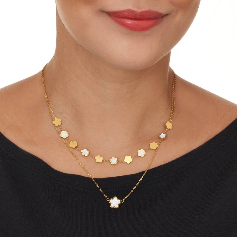 Mother of Pearl Gold Ion-Plated Stainless Steel Clover Necklace 17 to 19 inches