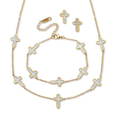 Seta Jewelry Genuine Mother of Pearl Yellow Gold Ion-Plated Stainless Steel Cross Jewelry 3-Piece Set