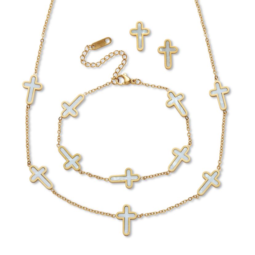 Genuine Mother of Pearl Yellow Gold Ion-Plated Stainless Steel Cross Jewelry Set