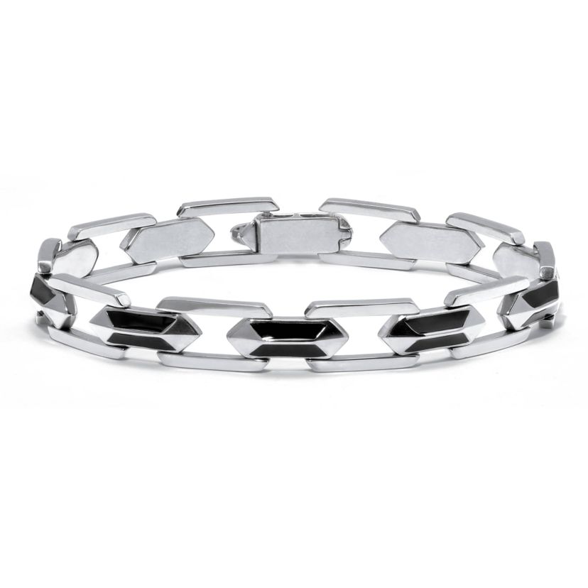 Mens Stainless Steel and Black Enamel Bracelet 9-inch