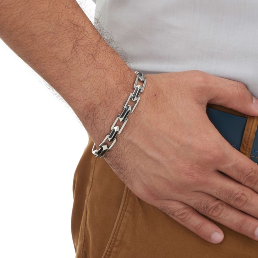 Mens Stainless Steel and Black Enamel Bracelet 9-inch