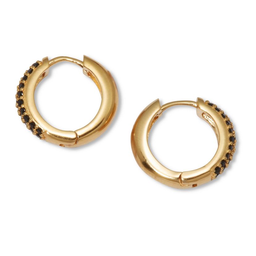 Genuine Black Spinel Yellow Gold-Plated Sterling Silver Huggie Hoop Earrings