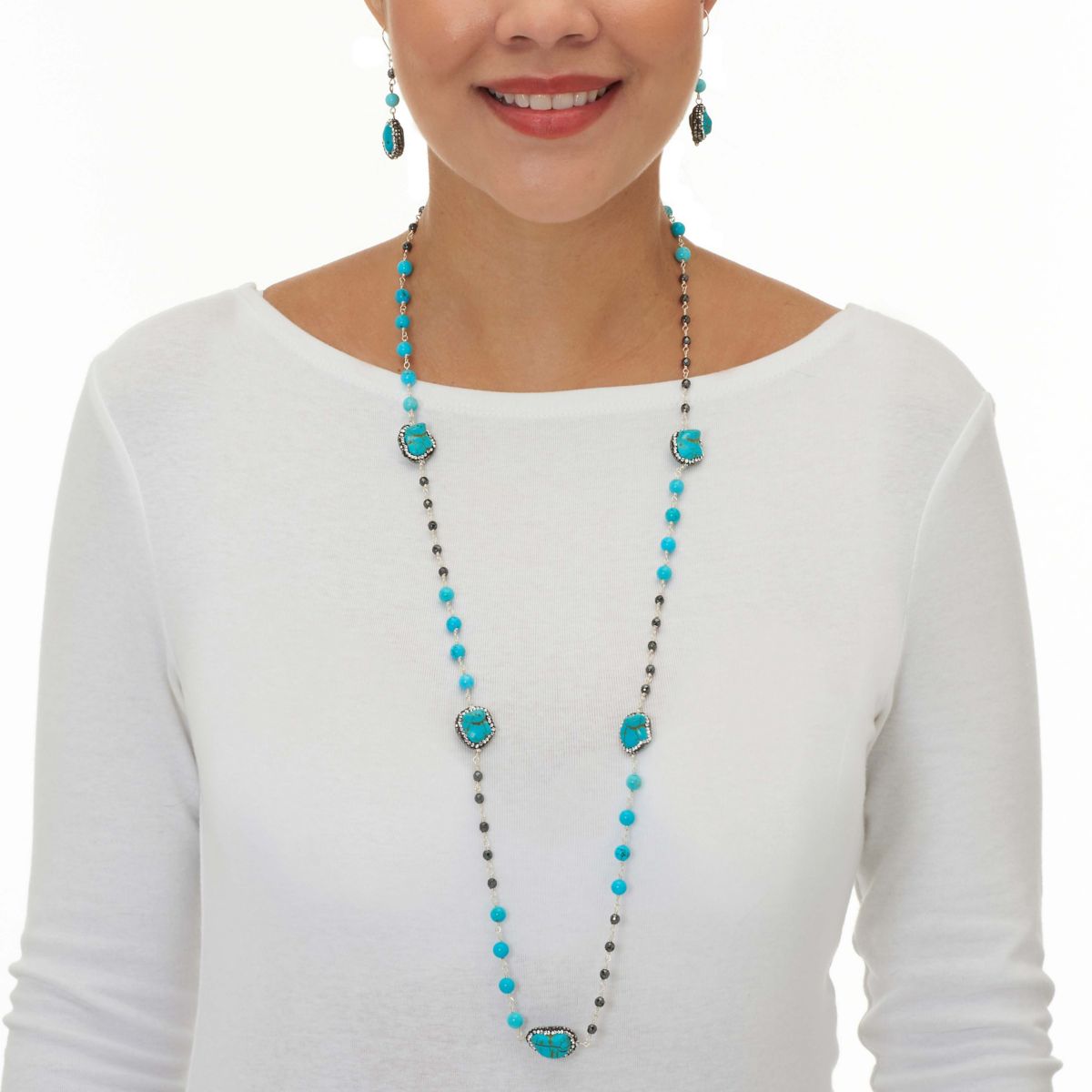 Genuine and Simulated Turquoise Silvertone Necklace Set 36-inch