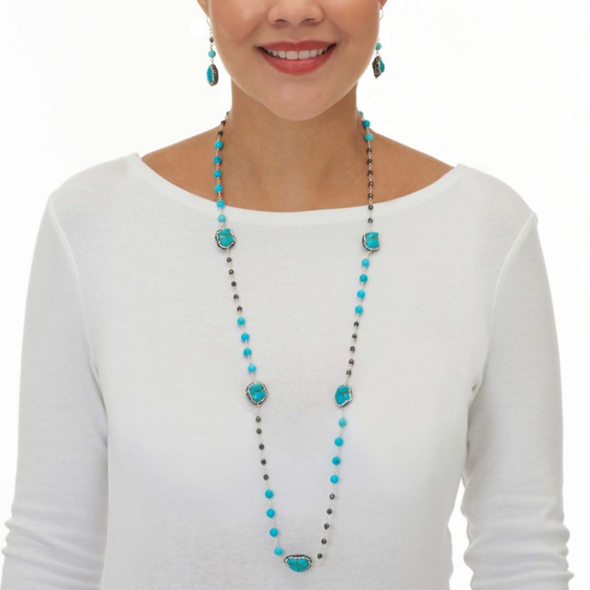 Genuine and Simulated Turquoise Silvertone Necklace Set 36-inch
