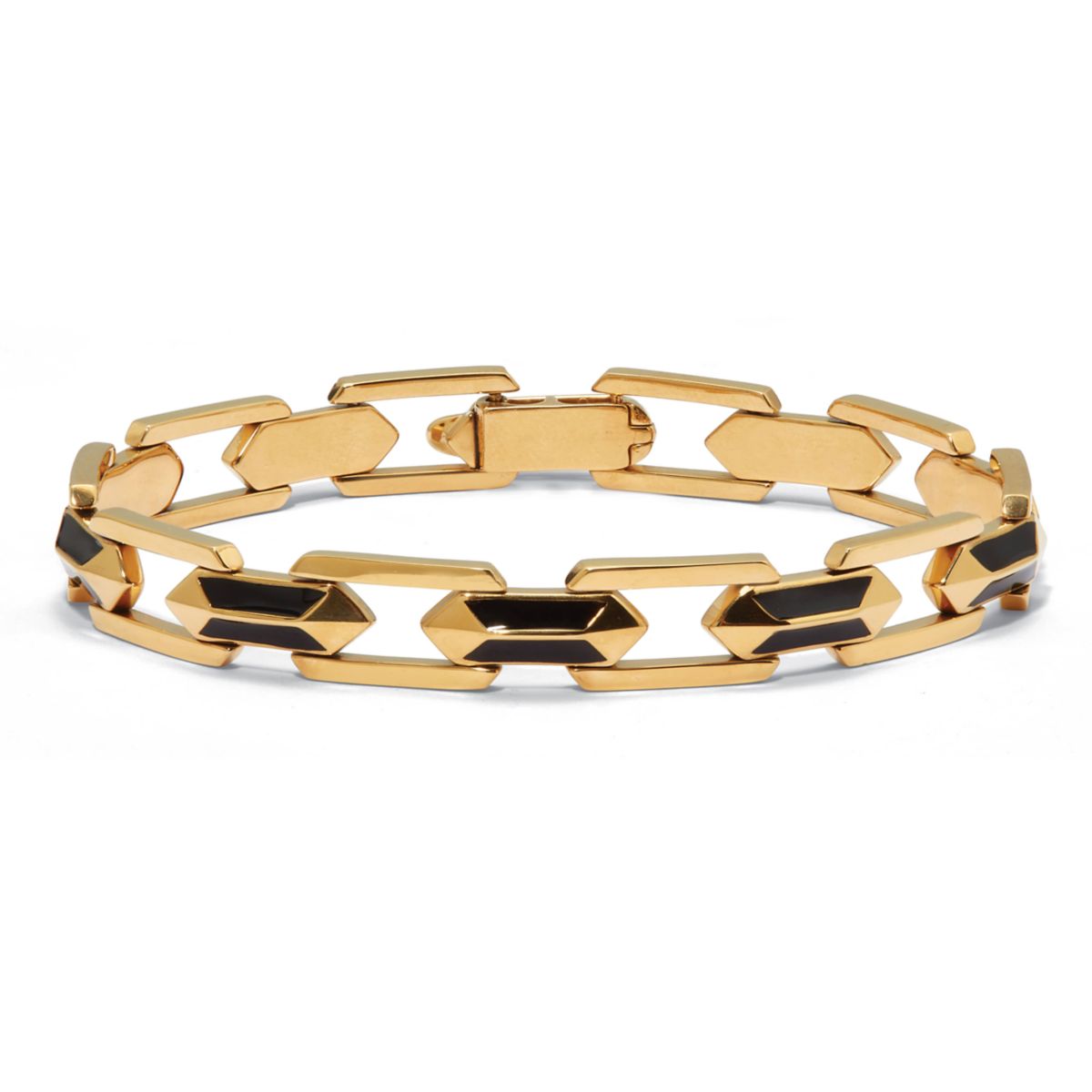 Mens Gold Ion-Plated Stainless Steel and Black Enamel Link Bracelet 8-inch