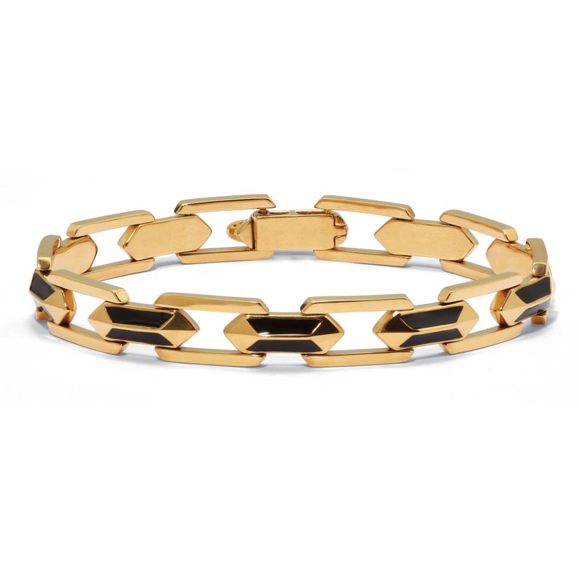 Mens Gold Ion-Plated Stainless Steel and Black Enamel Link Bracelet 8-inch