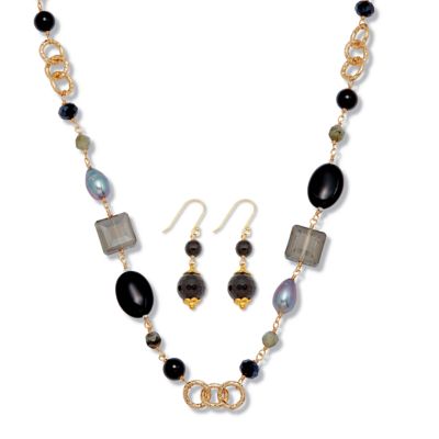 Seta Jewelry Genuine Black Onyx Goldtone Necklace and Earring Set