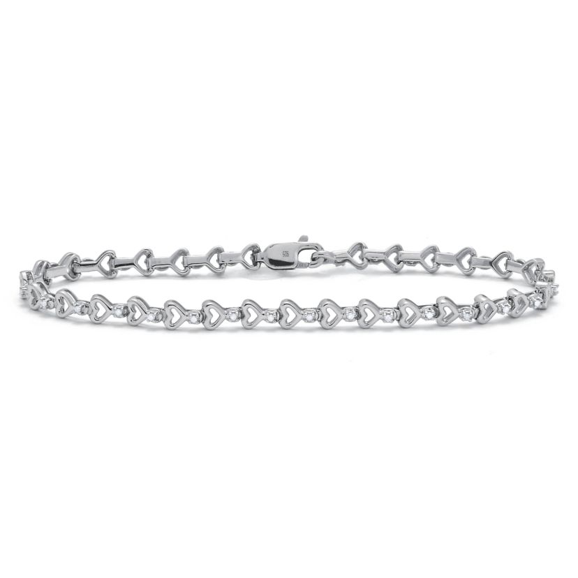 .15 TCW Diamond Sterling Silver Heart Link Bracelet 7 Inches