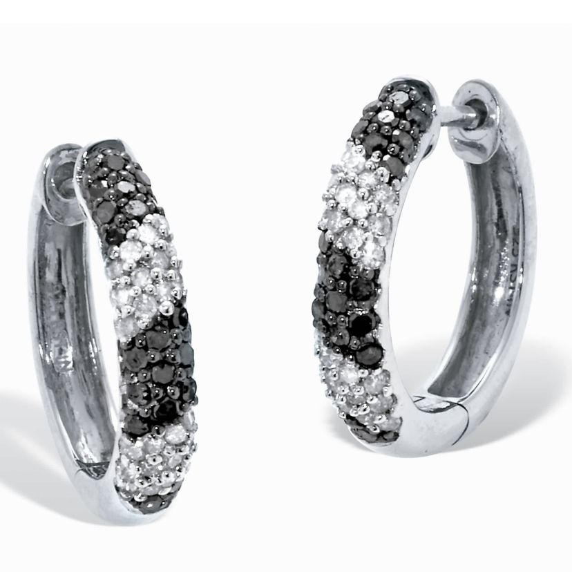 .50 TCW Black and White Diamond Sterling Silver Hoop Earrings (1/2 inch)
