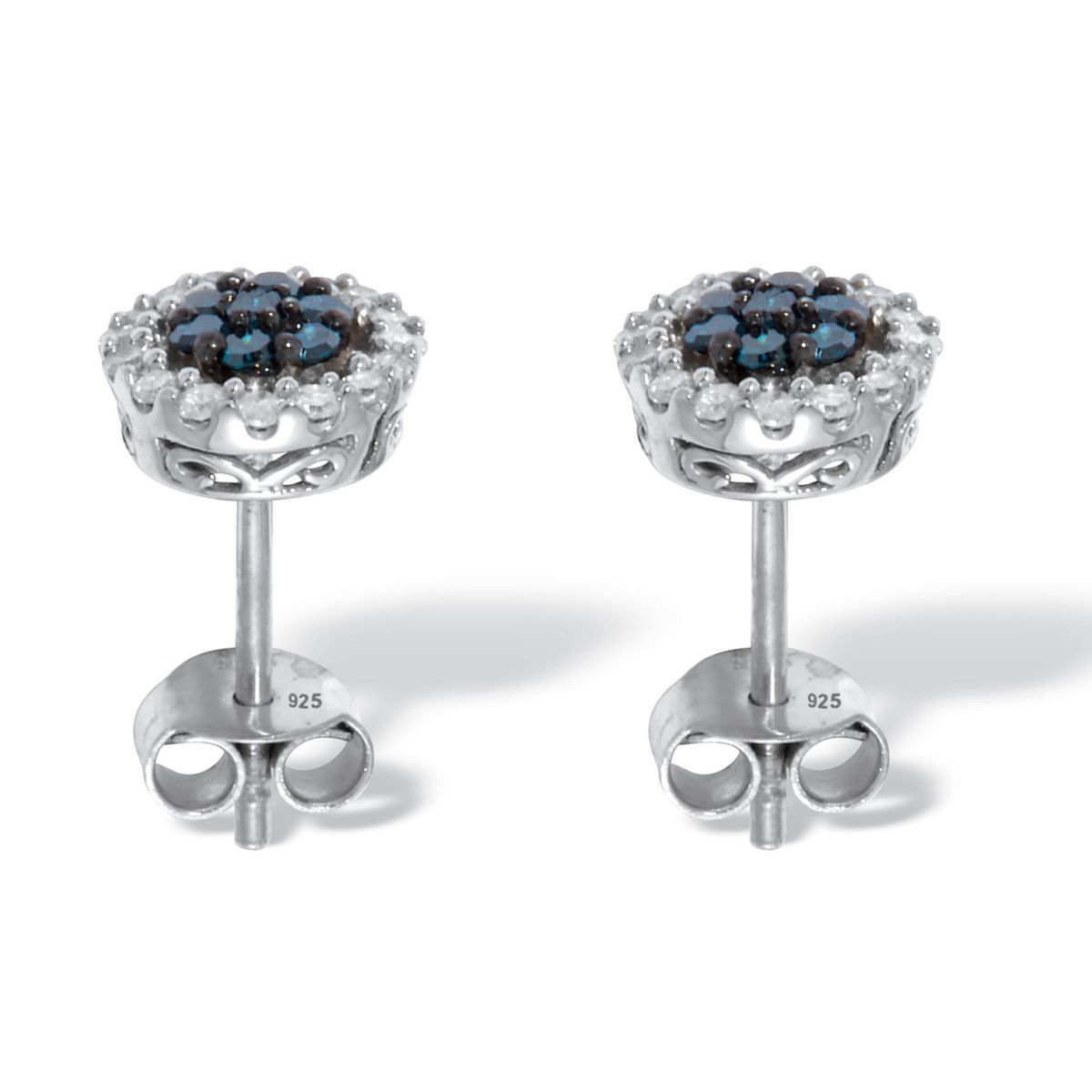 .49 TCW Blue Diamond Sterling Silver Halo Stud Earrings (3/10 inch)