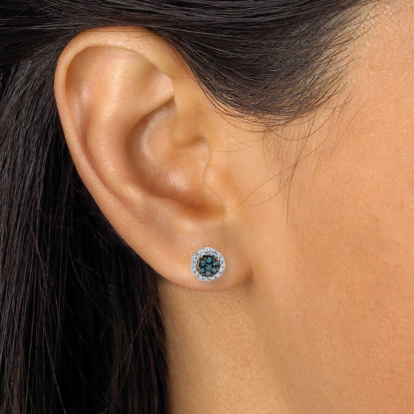 .49 TCW Blue Diamond Sterling Silver Halo Stud Earrings (3/10 inch)