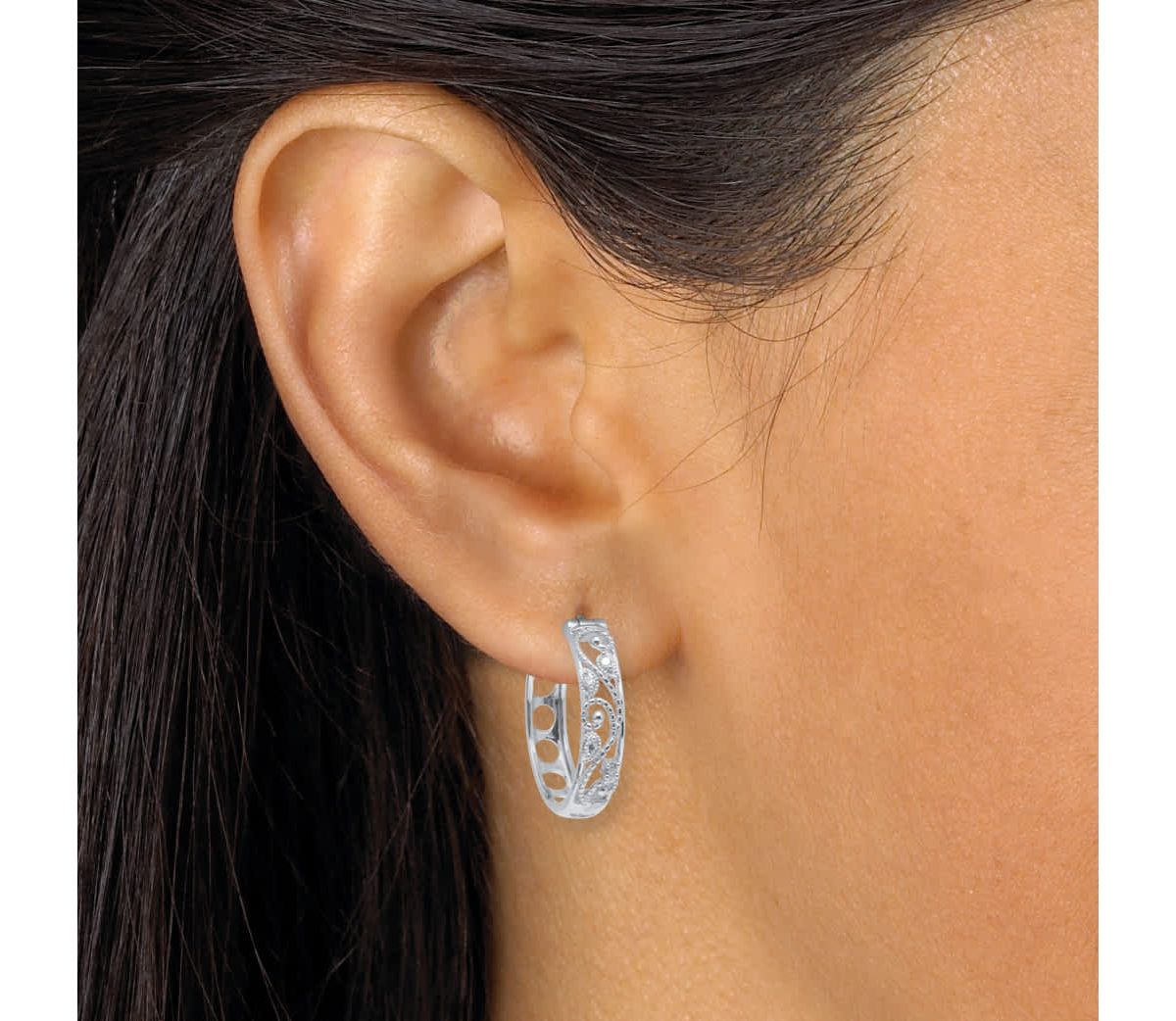 .10 TCW Diamond Sterling Silver Filigree Hoop Earrings (7/10 inch)