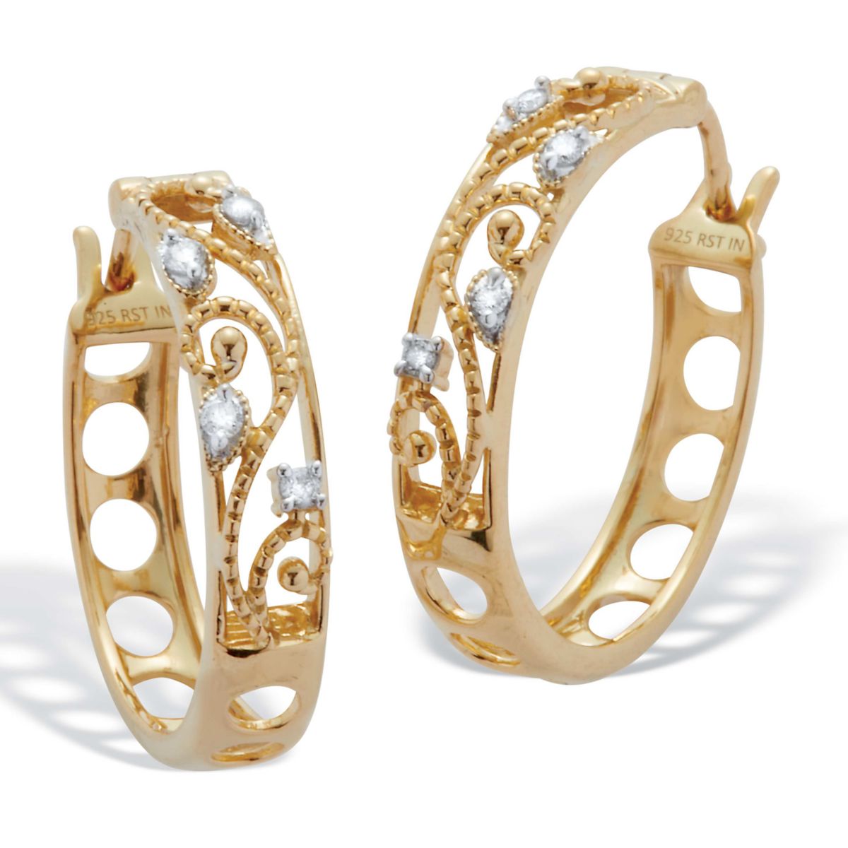 .10 TCW Diamond 18K Gold-Plated Sterling Silver Filigree Hoops (7/10 inch)