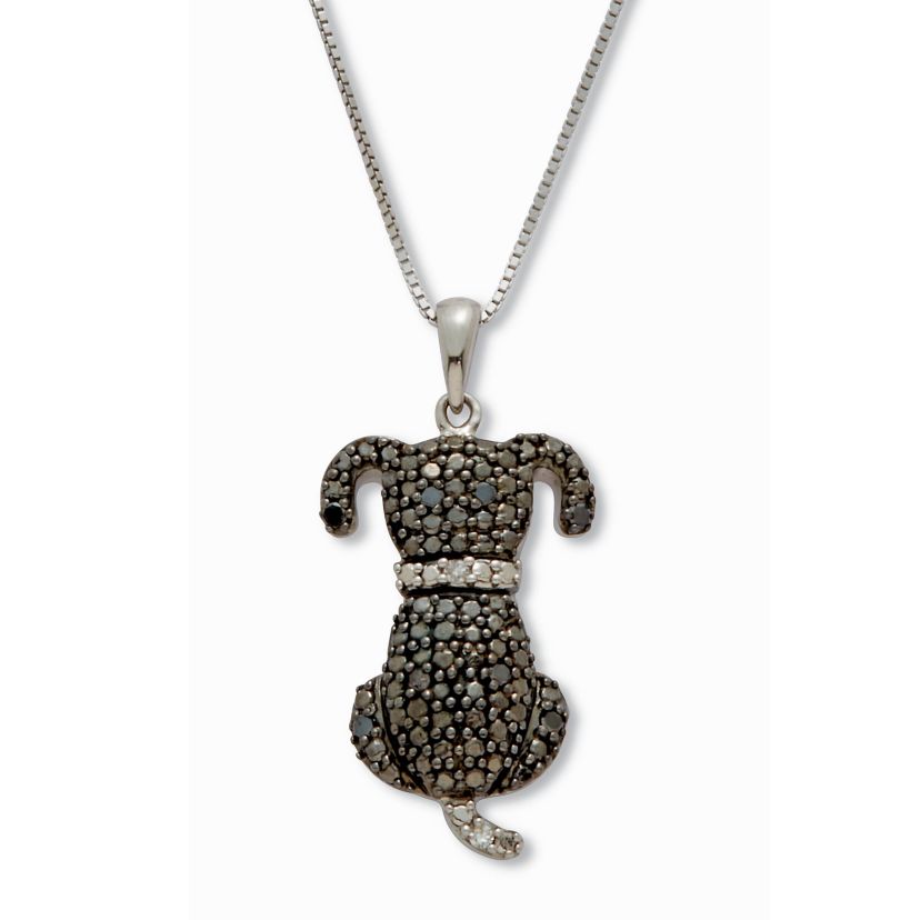 .10 TCW Black and White Diamond Sterling Silver Dog Pendant and Chain 18 Inches