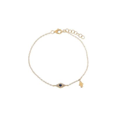 By Adina Eden Diamond Pave X Sapphire Blue Evil Eye Charm Bracelet 14K, Gold