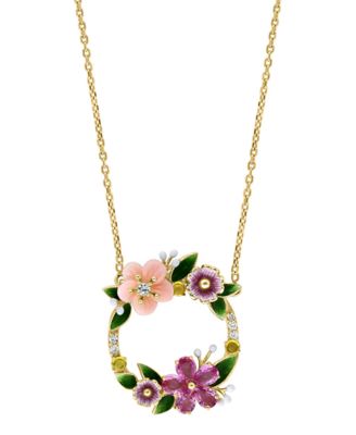 LALI Jewels 14K Yellow Gold Diamond, Multicolor Sapphire, And Pink Mother Of Pearl Flower Enamel Necklace, 18 in