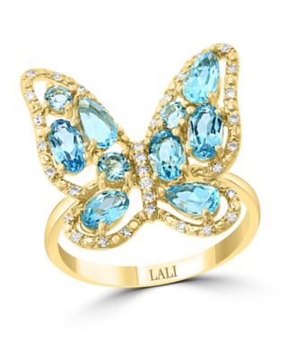 LALI Jewels 14K Yellow Gold Diamond And Swiss Blue Topaz Butterfly Ring, Sky Blue, 7