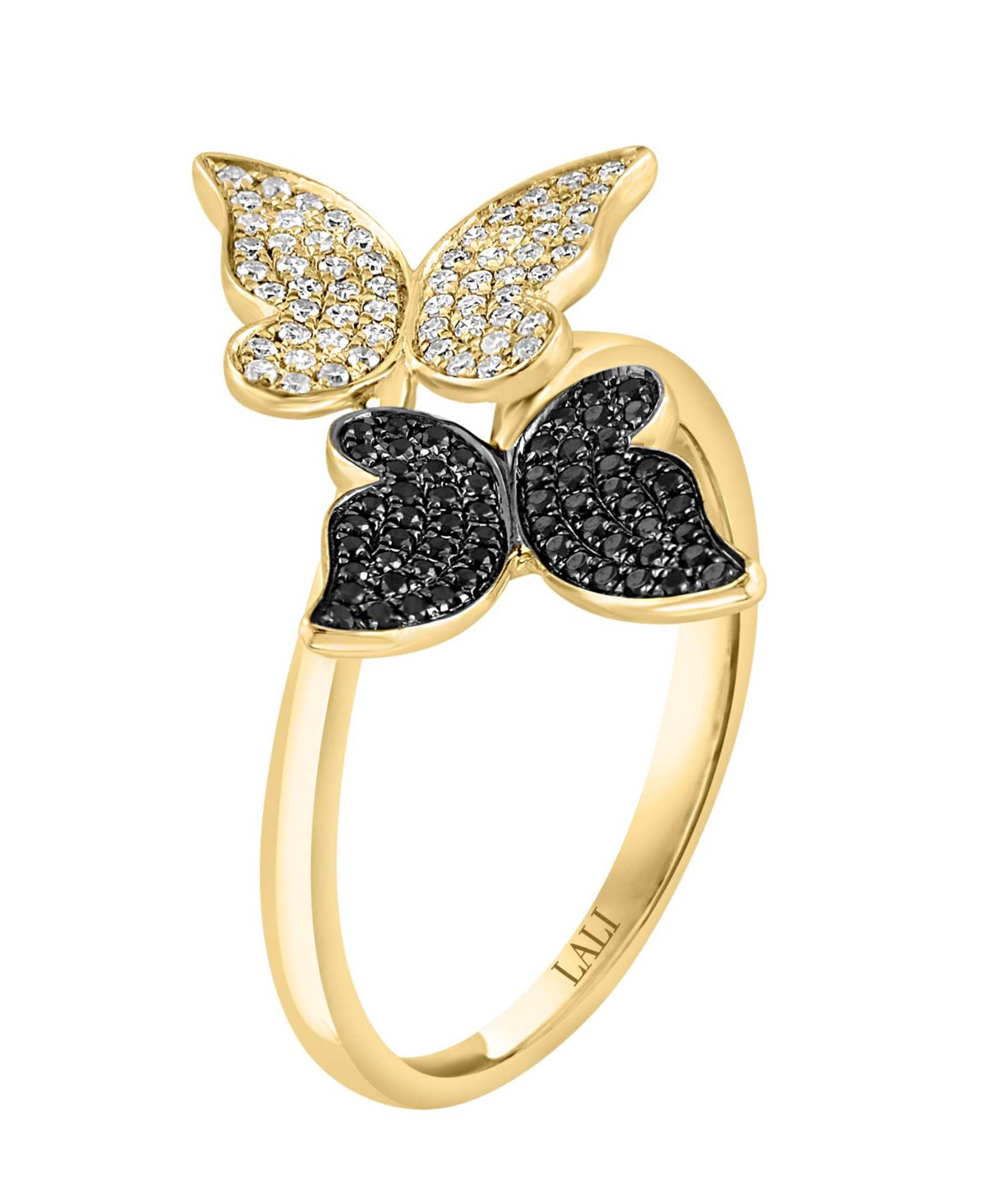 14K Yellow Gold Diamond And Treated Black Diamond Butterfly Ring
