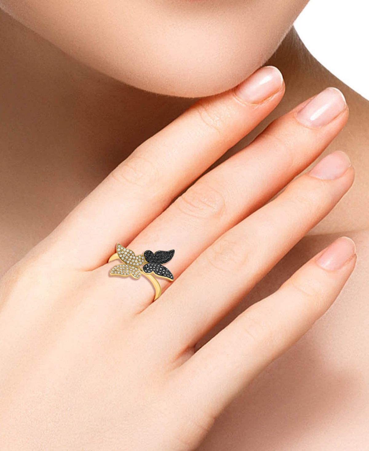 14K Yellow Gold Diamond And Treated Black Diamond Butterfly Ring