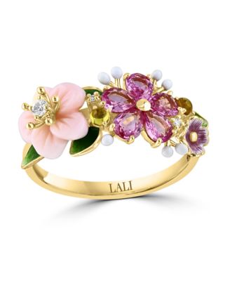 LALI Jewels 14K Yellow Gold Diamond, Multicolor Sapphire, And Pink Mother Of Pearl Flower Enamel Ring, 7