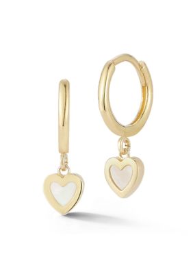 Ember Fine Jewelry 14K Gold Mother of Pearl Heart Charm Mini Huggie Hoop Earrings, Yellow