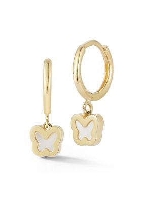 Ember Fine Jewelry 14K Gold Mother of Pearl Butterfly Charm Mini Huggie Hoop Earrings, Yellow