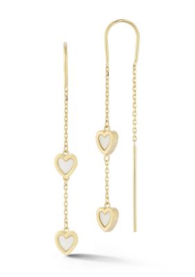 Ember Fine Jewelry 14K Gold Mother of Pearl Double Heart Threader Earrings, Yellow